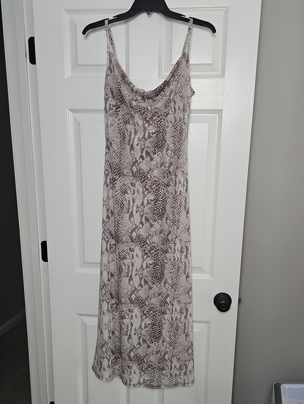 Rachel Zoe Spaghetti Strap Draped Neckline Fitted Dress: Neutral Python Print: S